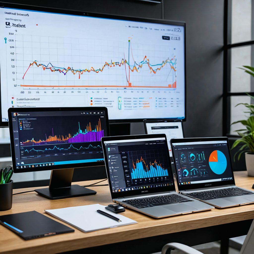 A modern office setup with a sleek laptop displaying a speed test in progress, surrounded by various networking devices like routers and modems. Include a graph illustrating speed results, and a notepad with strategic notes. The background should be vibrant and tech-inspired, suggesting innovation and professionalism. super-realistic. vibrant colors. 3D.