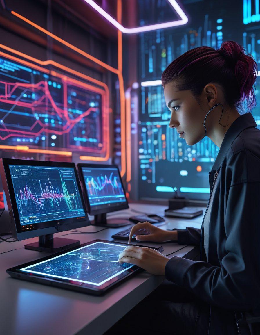 A sleek, futuristic digital landscape featuring a network interface with colorful data streams flowing smoothly between various devices like routers and servers, highlighting concepts of ping tests and throughput analysis. In the foreground, a person analyzing dynamic graphs and charts on a transparent tablet, with an expression of deep focus. The background is filled with glowing nodes and interconnected lines, symbolizing a robust network. vibrant colors. cyberpunk. super-realistic.
