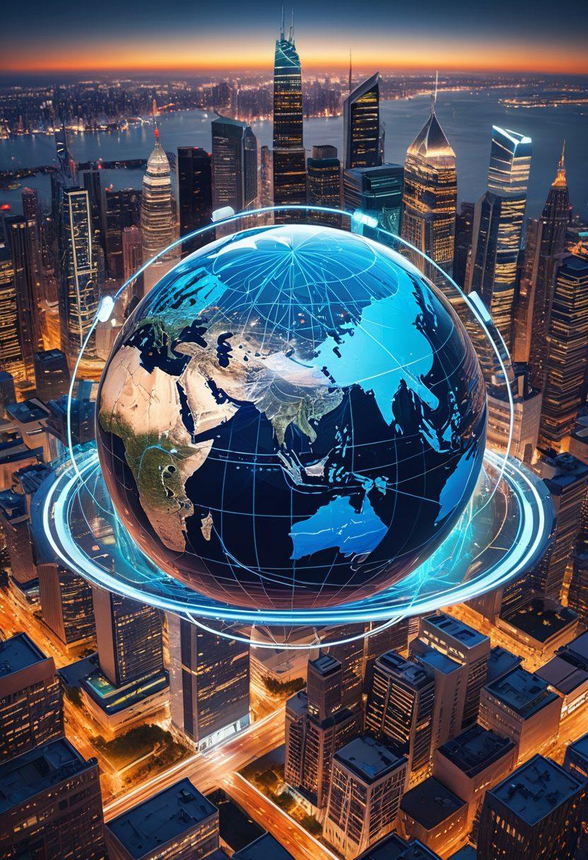 A visually captivating depiction of a stylized globe interconnected with various digital devices, each showcasing different internet quality metrics like speed, stability, and latency. In the background, a dynamic cityscape symbolizes urban connectivity, while a spectrum of vibrant colors flows through the connections, representing data transmission. Include abstract symbols of quality assessment, such as checkmarks and graphs, floating around the globe. super-realistic. vibrant colors. white background.